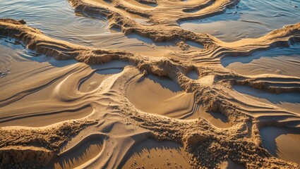 Poster - sand patterns formed by water movement at sunset over a beach shoreline