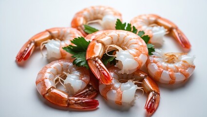 Poster - Fresh Shrimp On White Background Garnished With Parsley Ideal For Seafood Dishes Promotional Material Or Culinary Art Illustrations