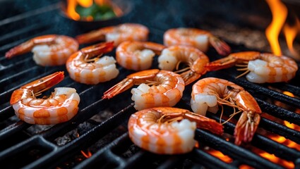 Poster - Grilled Shrimp Cooking Over Flames Delicious Seafood Barbecue Meal Preparation