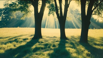 Aufkleber - Sunlight streaming through trees casting long shadows on lush green grass in a serene outdoor landscape.