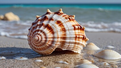Aufkleber - Seashell on sandy beach with gentle waves in the background showcasing natural beauty of the Red Sea, Gulf of Aqaba, Eilat.