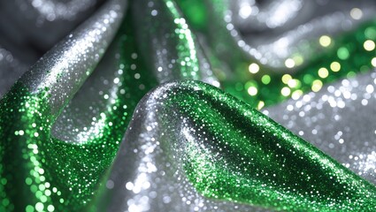 Poster - Glittering silver and green fabric background with sparkling details ideal for festive designs and party decorations.