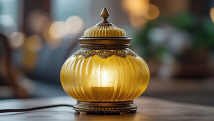 Poster - Elegant golden yellow decorative lamp with intricate details glowing softly in a stylish interior setting with a warm blurred background.