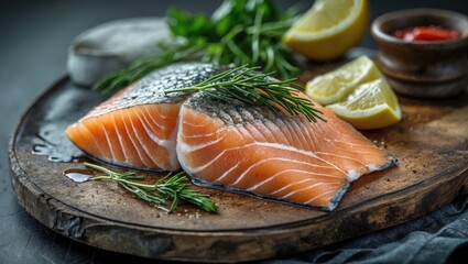 Aufkleber - Freshly Cut Salmon Fillet with Lemon and Herbs on Rustic Wooden Board