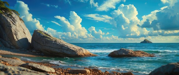 Wall Mural - Scenic coastal view of rocky shore with turquoise water under a vibrant blue sky adorned with fluffy white clouds