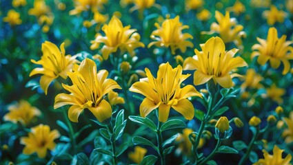 Poster - Vibrant yellow Sesbania javanica flowers blooming amidst lush greenery showcasing their unique petal structure and herbaceous nature.