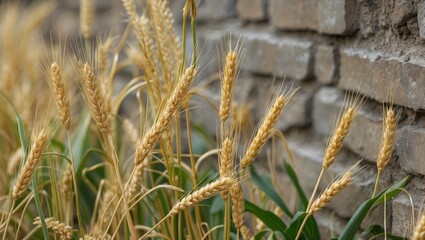 Poster - Golden Foxtail Barley Growing Against a Textured Stone Wall in a Natural Setting