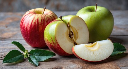 Aufkleber - Sliced red and green apples on wood table with leaves showcasing fresh fruit for healthy eating and cooking concepts.
