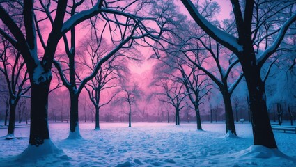 Aufkleber - Snow-covered tree branches creating stunning silhouettes in a serene park at dusk, highlighted by a soft pink-hued sky.