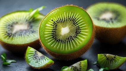 Aufkleber - Freshly sliced kiwi fruit showcasing vibrant green flesh and unique texture against a dark background highlighting its juiciness and appeal.