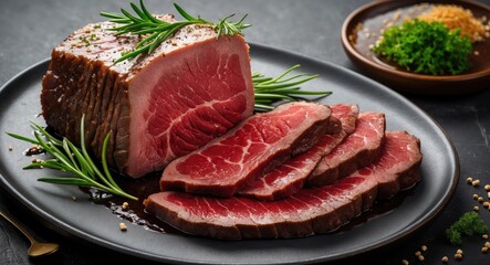 Poster - Sliced Wagyu Beef with Rosemary Garnish on Elegant Plate Showcasing Rich Color and Texture with Space for Custom Text or Branding