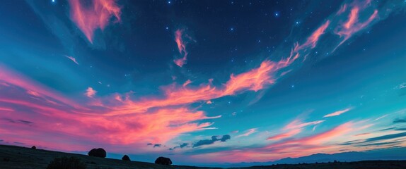 Poster - Vibrant sunset sky with colorful clouds and twinkling stars ideal for use as a background or for enhancing images in editing software.