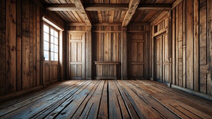Poster - Rustic wooden interior with vintage charm showcasing textured walls, floor, and windows in warm natural light for a cozy atmosphere