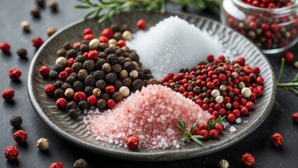 Poster - Colorful assortment of whole peppercorns and rose salt displayed on an argil plate enhancing the herbs and spices culinary concept