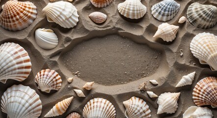Aufkleber - Seashells Arranged on Sand with Wood Background and Clear Space for Custom Text or Graphics
