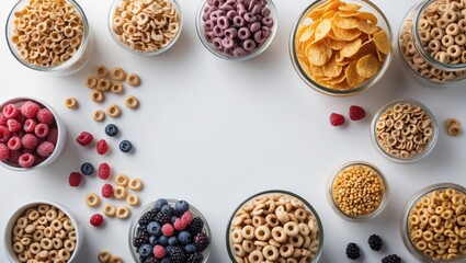 Poster - Variety of cereals and fruits arranged on a white background with empty space for text ideal for breakfast or food-related promotions