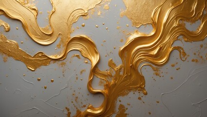 Poster - Abstract gold paint texture on a gray background showcasing flowing lines and artistic flair for creative design and decor purposes.