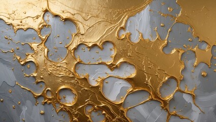 Poster - Abstract gold paint texture on gray background creating a visually striking artwork with fluid shapes and dynamic movement.