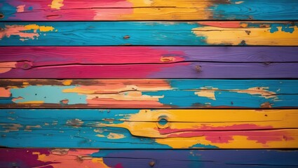 Poster - Vibrant colored wooden planks background for creative design or text overlay showcasing abstract art with rich hues and textures.