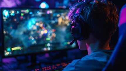 Poster - Young gamer playing intense video game on computer screen boy man dark blue neon night light focus