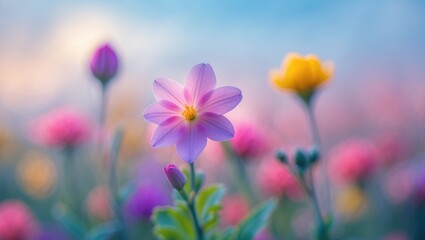 Aufkleber - Delicate Soft Focus Pastel Flowers with Blurred Background Creating a Serene and Colorful Floral Scene in Nature.