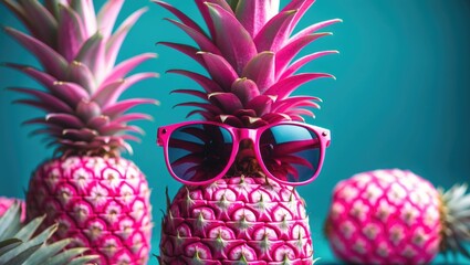 Poster - Vibrant Pink Pineapples With Sunglasses Against Turquoise Background Creative Minimalist Surrealism Conceptual Art Image