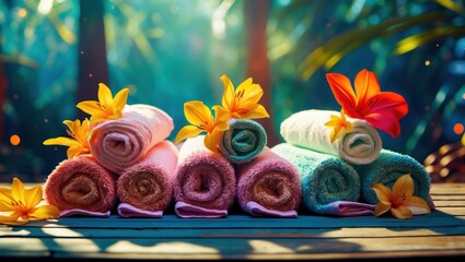 Poster - Colorful rolled towels adorned with flowers on a wooden surface in a serene, sunlit environment. Perfect for spa or home decor concepts.
