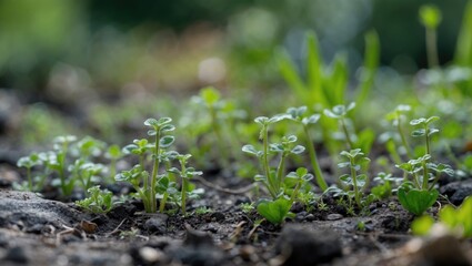 Poster - Green seedlings growing in rich soil under natural sunlight with blurred background featuring plants and grass.