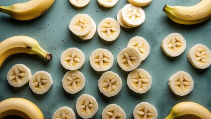 Aufkleber - Sliced Bananas Displayed on a Green Background with Space for Text and Copy. Top View Arrangement of Fresh Fruit Pieces.