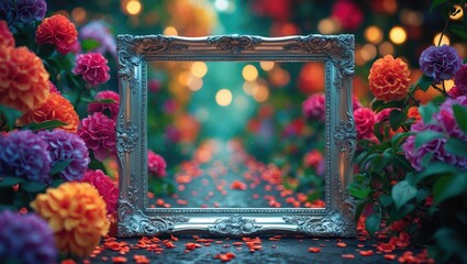 Poster - Elegant silver frame surrounded by vibrant flowers in a dreamy garden setting with bokeh lights and colorful petals on the ground.