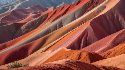 Aufkleber - Vibrant Layers of Colorful Sandstone Mountains in Rich Reds and Browns Under Clear Skies Perfect for Nature and Landscape Photography.
