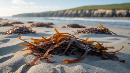 Poster - Seaweed Gathering On The Sandy Shore With Ocean Waves And Coastal Cliffs In The Background On A Sunny Day