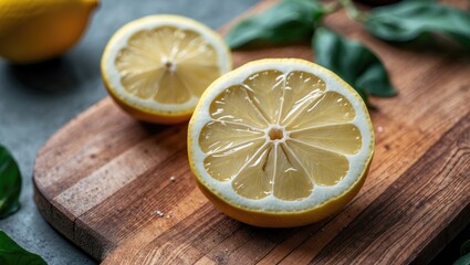 Poster - Freshly Sliced Lemon on Wooden Chopping Board Surrounded by Green Leaves with Copy Space for Text in Kitchen Setting
