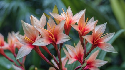 Poster - Tropical Pagoda Flower Blossoms in Close-Up Capturing Delicate Petals and Vibrant Colors in a Lush Green Background