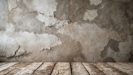 Poster - Textured cement wall with wooden floor as a backdrop for interior design or photography purposes