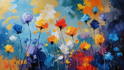 Poster - Colorful abstract floral painting with vibrant flowers against a blended blue and orange background creating a lively artistic atmosphere.