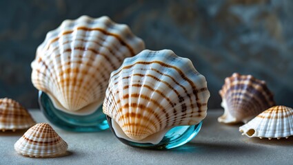 Aufkleber - Elegant seashells on turquoise glass bases with soft lighting and a textured background, perfect for marine-themed decor or art.