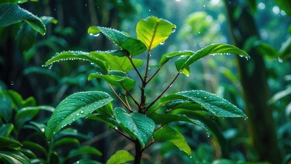 Poster - Morning dew glistens on vibrant oliana tricolor leaves in lush tropical surroundings of Sleman, Yogyakarta Indonesia.
