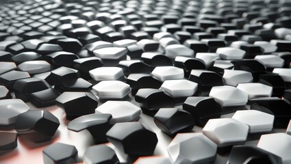 Aufkleber - Abstract arrangement of black and white hexagonal shapes forming a layered pattern, creating a visually striking geometric design.