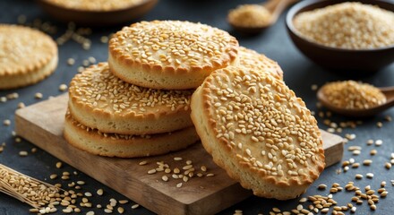 Poster - Sesame Seed Cookies Stacked on Wooden Board Surrounded by Loose Seeds and Bowls of Ingredients in a Cozy Kitchen Setting