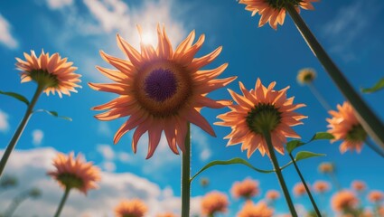 Poster - Vibrant Close-Up of Sunflowers Against a Bright Blue Sky with Space for Text in a Sunny Field of Blooming Flowers