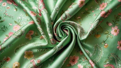 Aufkleber - Elegant green silk fabric with delicate floral paisley print on a white background showcasing texture and intricate patterns for textile collection.