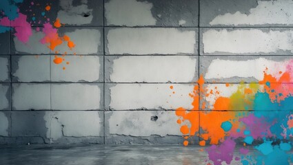 Poster - Abstract colorful splashes on a grungy concrete wall panel showcasing a blend of vintage and modern textures for artistic design backgrounds.