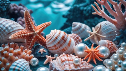 Aufkleber - Marine Life Composition Featuring Seashells, Pearls, Corals and Starfish with Blue Background and Space for Text or Design Elements