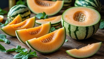 Aufkleber - Freshly Cut Melon Slices Displayed on Wooden Table Surrounded by Whole Melons and Green Mint Leaves