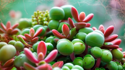 Aufkleber - Sedum Rubrotinctum Pork And Beans Succulent Plants Greenery Close Up With Space For Text