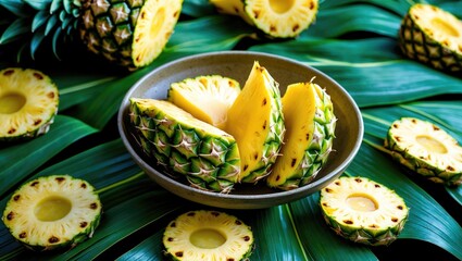 Aufkleber - Freshly sliced pineapple segments in a bowl surrounded by vibrant green leaves showcasing tropical fruit and natural presentation.