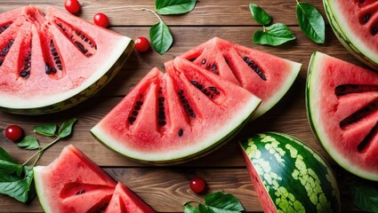Aufkleber - Ripe Watermelon Slices Arranged on Wooden Table with Green Leaves and Red Berries Summer Freshness Background for Text or Design