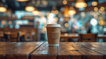 Aufkleber - Cozy ambiance of a coffee shop with blurred background bokeh featuring an empty wooden table and a takeaway coffee cup in focus.