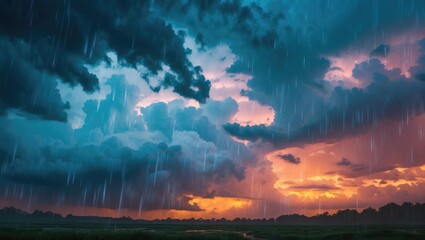 Poster - Dramatic thunderstorm clouds at dusk with heavy rain and illuminated horizon creating an intense atmospheric scene.
